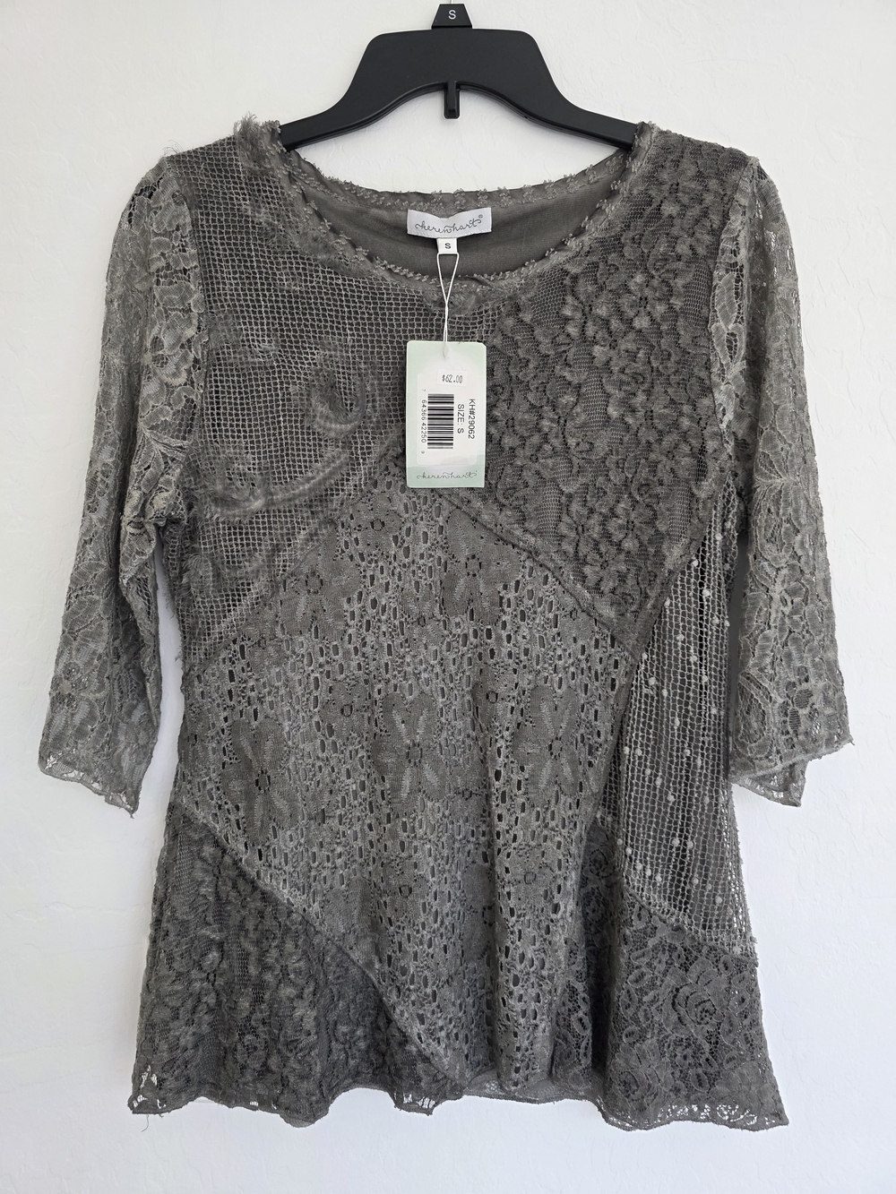 Derek Heart Gray Lace Patchwork 3/4 Sleeve Top